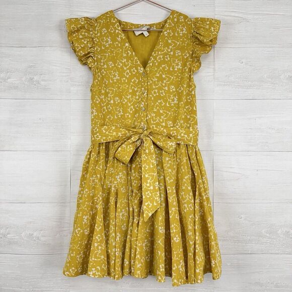 Evereve Cleobella Zia Mini Dress Small Printed Yellow Flutter Sleeve V Neck - Picture 14 of 16
